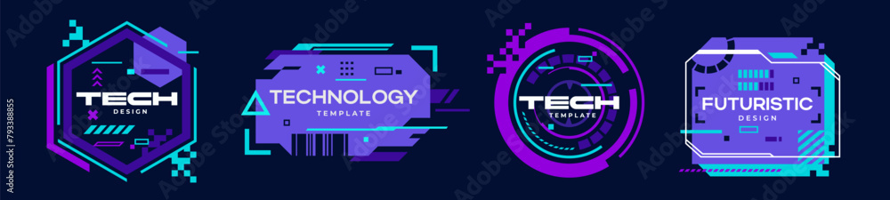 Poster set of futuristic it badges. virtual cyberpunk style elements with neon hexagon, circle and square w