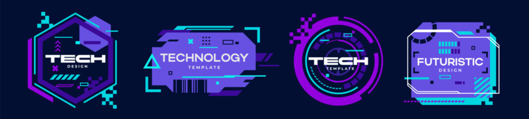 Set of Futuristic IT badges. Virtual cyberpunk style elements with neon hexagon, circle and square with lettering. Technology templates for logo. Cartoon flat vector collection isolated on background