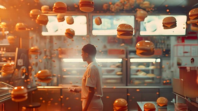 Floating Burgers in Modern Fast Food Joint with Ai generated.
