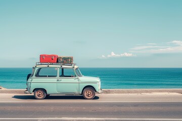 Fototapeta na wymiar Small retro car with luggage on the roof, ready for summer vacation, concept of a trip to the sea with family and friends, dream destination