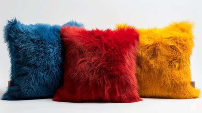 Trio of eco fur pillows in red, yellow, and blue, each representing a blend of vintage luxury, isolated background