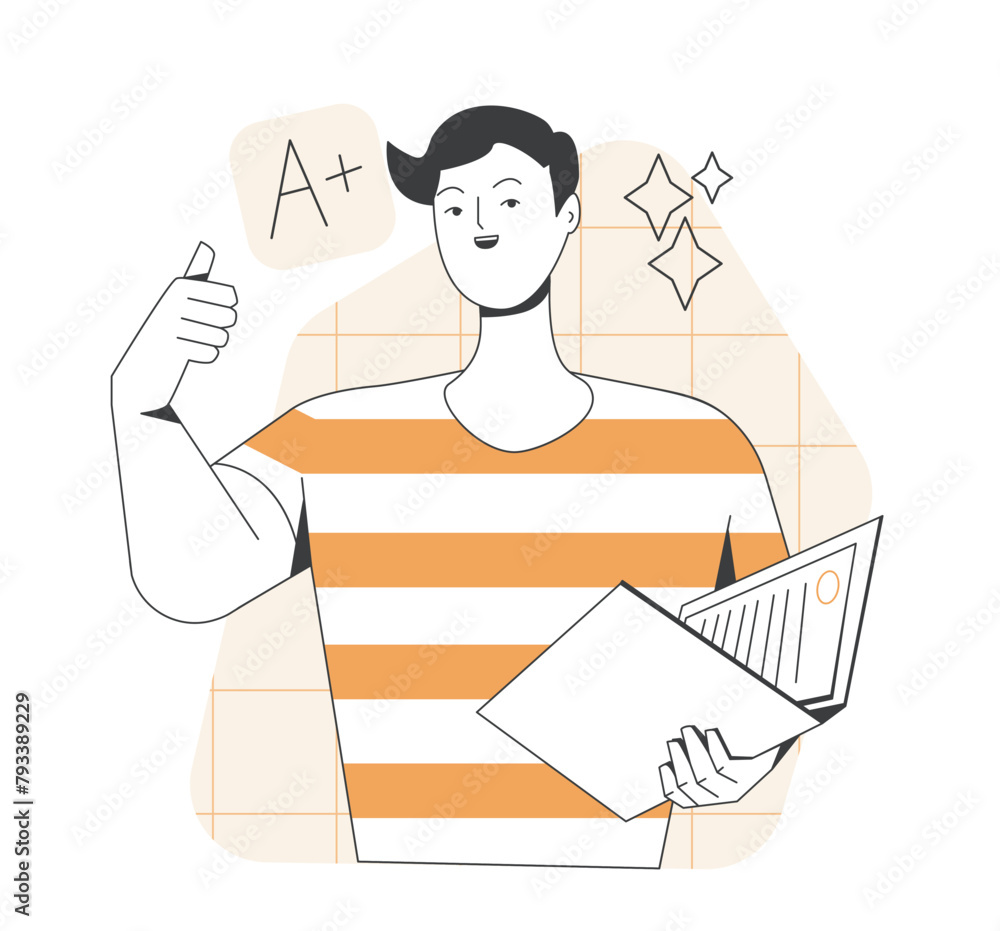 Poster education and self development. smiling guy university student takes exam and rejoices at high mark.