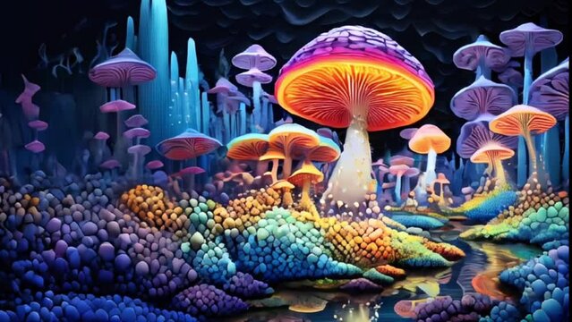 Surreal and colorful mushroom landscape, mythical fantasy forest