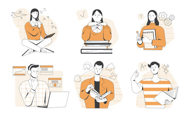 Set of educational process illustrations. Guys and girls university students read books, prepare for exams and listen to online course. Cartoon outline vector collection isolated on white background