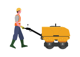Construction worker pushing small steamroller. Simple flat illustration.