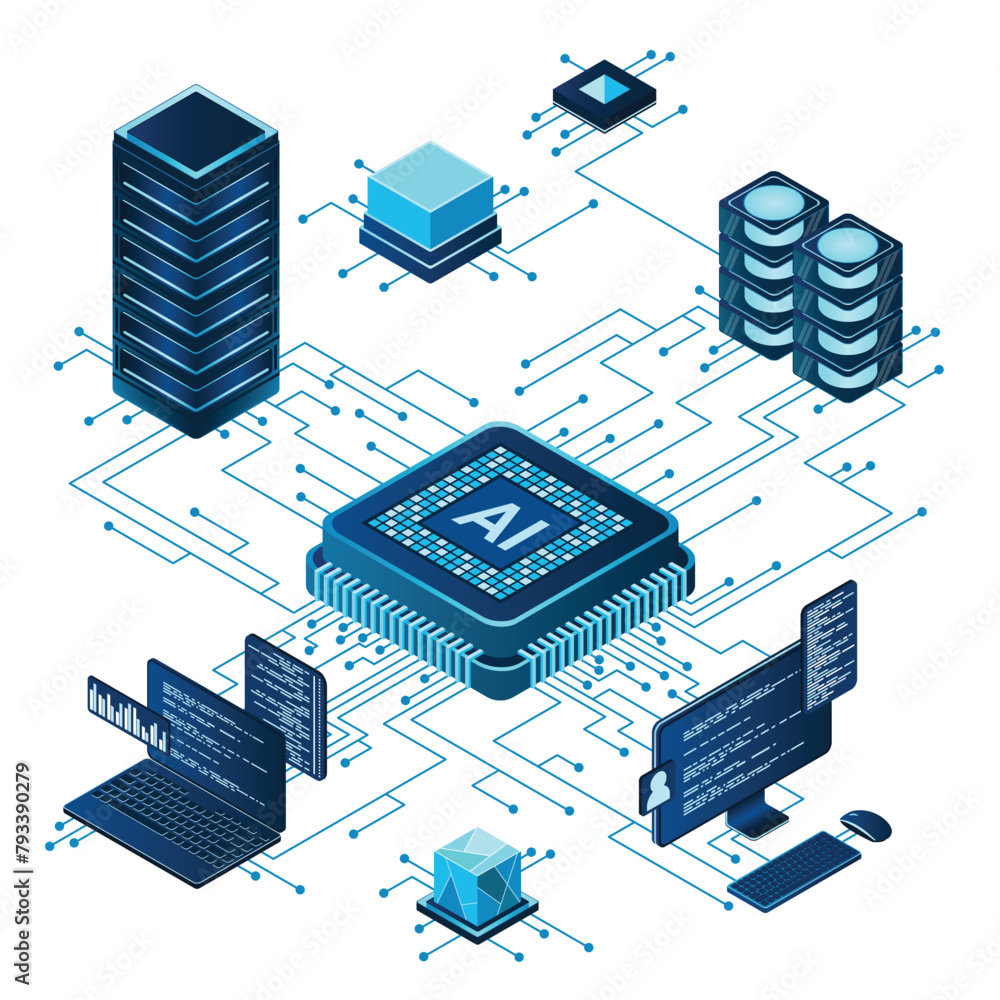 Fototapete Isometric artificial intelligence chip concept. Artificial Intelligence server. Futuristic microchip processor. Isometric cloud computing. Vector illustration