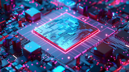Neon CPU with Intricate Circuit Board: Macro Closeup of Electronic Components - obrazy, fototapety, plakaty
