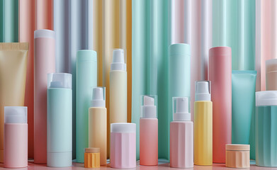 Obraz premium Neatly organized cosmetic tubes with a focus on pastel aesthetics and clean lines, perfect for high-end skincare branding.
