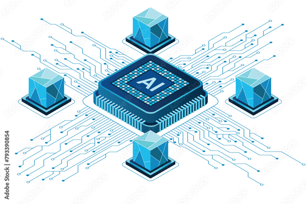 Poster isometric artificial intelligence chip concept. artificial intelligence concept. futuristic microchi