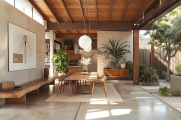 Streamlined Minimalist Dining Area in a Californian Bungalow, Accented with Earth Tones and Natural Wood Textures, Illuminated by Soft Afternoon Light