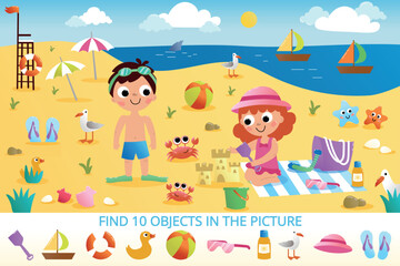 Fototapeta premium Find 10 objects in picture. Puzzle or childrens educational game with hidden Items. Landscape with kids playing on beach with ball, shovel and inflatable ring. Cartoon flat vector illustration