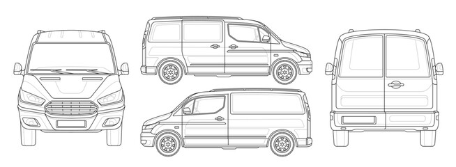 Minivan blueprint set. Commercial van mockup for branding, marketing and advertising. Template of empty delivery truck from different sides. Outline vector collection isolated on white background