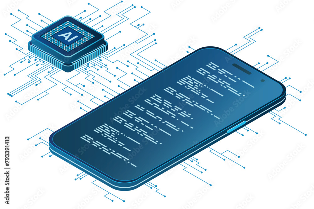 Poster isometric smartphone with ai. artificial intelligence and smartphone concept. smartphone with futuri