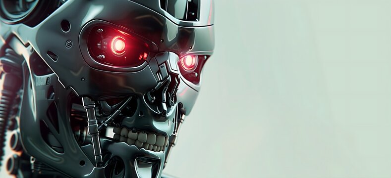 Fondo claro con cara de robot maligno, hojos rojos. Generado con tecnolog&iacute;a IA