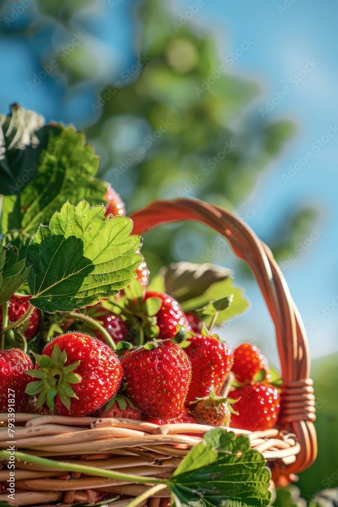 Sticker a basket of seasonal fresh ripe strawberries with green leaves in a garden - Stickers