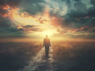 A man walks through a field at sunset. The sky is filled with clouds and the sun is setting. The man is wearing a suit and he is alone