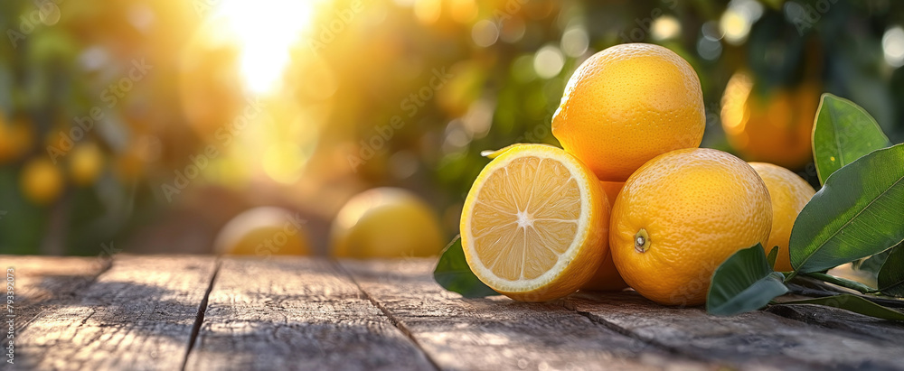 Wall mural golden hour lemon citrus fruits on wooden table with trees field on morning sunshine background with - Wall murals