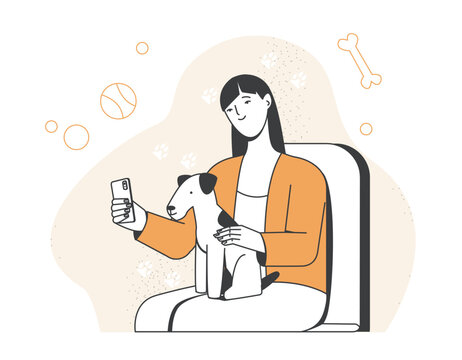 Person and pet. Happy girl taking photo with her adorable puppy. Cute dog owner takes selfie on smartphone. Love and care for animal. Cartoon outline vector illustration isolated on white background