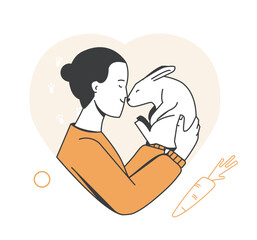 Person and pet. Portrait of girl holding her charming fluffy rabbit or hare in hands. Pet owner with adorable animal. Woman with bunny. Cartoon outline vector illustration isolated on white background