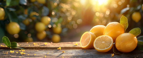 golden hour lemon citrus fruits on wooden table with trees field on morning sunshine background...