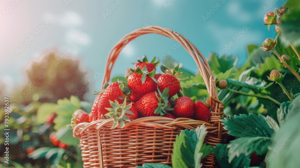 Poster a basket of seasonal fresh ripe strawberries with green leaves in a garden - Posters