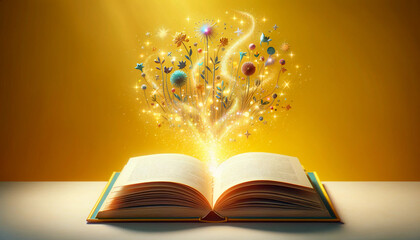 An open children's book resting on a simple surface, with magical sparkles elegantly floating upwards
