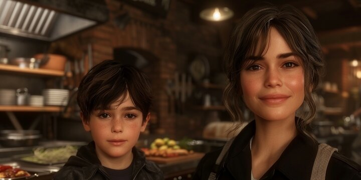 A photorealistic image of a mom and her child in kitchen, Mother's Day, photo realistic -Generative AI.