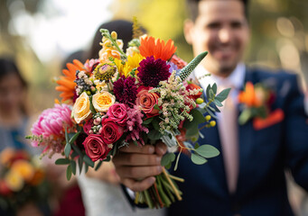 Beautiful wedding bouquet in the hands of the bride and groom