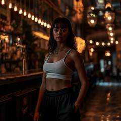 Portrait of a beautiful young woman with long black hair posing in the bar at night city.