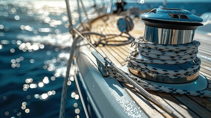 A winch on a sailing yacht is used to effortlessly hoist sails and ropes amid the stunning backdrop of the summer sea an essential feature of any well equipped sailing vessel that enhances e - obrazy, fototapety, plakaty