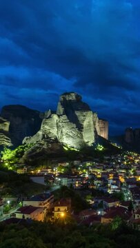 Timelapse of Kalambaka village in famous greek tourist destination Meteora in Greece in night