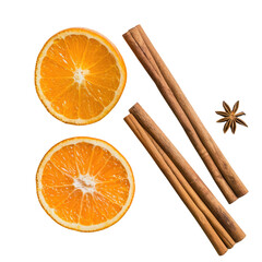 A vibrant orange fruit segment and fragrant cinnamon sticks stand out against a transparent background ready to be used as ingredients for delicious hot beverages in this captivating horizontal s