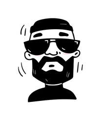 Hand drawn person face. Doodle icon with portrait of cool brutal man with beard and sunglasses. Black and white avatar for social networks. Cartoon outline vector illustration isolated on background