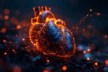 A glowing heart radiates warmth against a dark backdrop, illuminating the darkness with its vibrant energy.