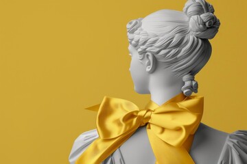 An antique statue of a woman with intricate details. She is adorned with a vibrant yellow bow tied elegantly around her neck, exuding mystery and sophistication.
