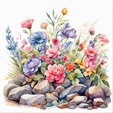 Watercolor summer flowers and stones nature illustration, blooming flowers over rocks clip art 