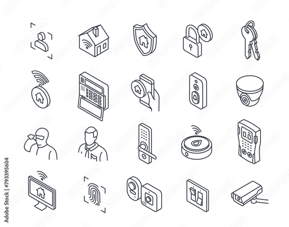 Poster set of smart home related line icons. symbols with biometric lock, cctv system for home security and