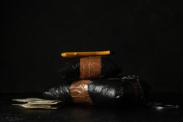 Drug packages with utility knife, handcuffs and money on dark background - obrazy, fototapety, plakaty