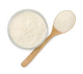 Baking powder in bowl and spoon isolated on white, top view