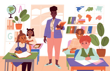 Pupils and teacher in classroom. Smiling female pedagogue teaching geography lesson to schoolchildren. Education at school. Class interior with kids student. Cartoon flat vector illustration