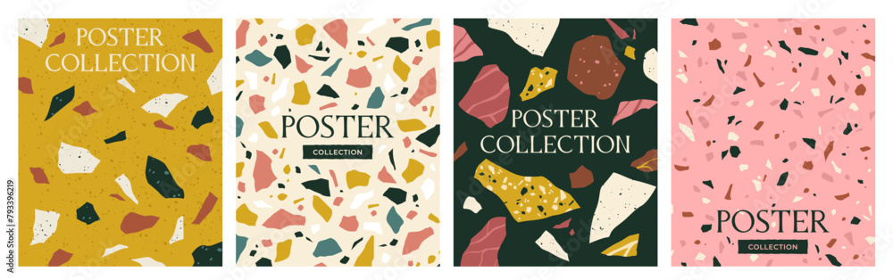 Poster set of terrazzo posters. abstract geometric patterns with marble texture for social networks, posts 