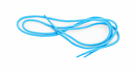 Stylish light blue shoe laces isolated on white, top view