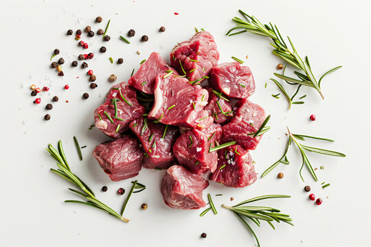 Heap of raw chopped beef with rosemary and peppercorns isolated on white background 