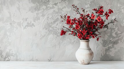 Capture the essence of holidays with a charming image featuring a dainty bouquet of red flowers nestled in a vintage vase atop a white table against a backdrop of a grey cement wall This st