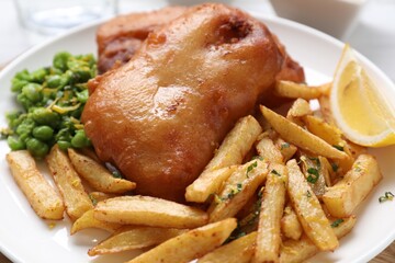 Tasty fish, chips, peas and lemon on table, closeup