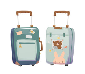Travel stuff. Hand drawn stickers with luggage or suitcases for trip, journey and vacation. Trendy icon with baggage. Design for print. Cartoon flat vector illustration isolated on white background