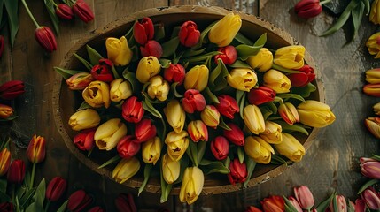 An oval frame filled with vibrant yellow and red tulips graces the center of the mine exuding a fresh and celebratory spring vibe