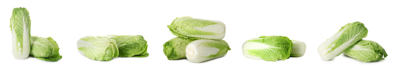 Fresh ripe Chinese cabbages isolated on white, set