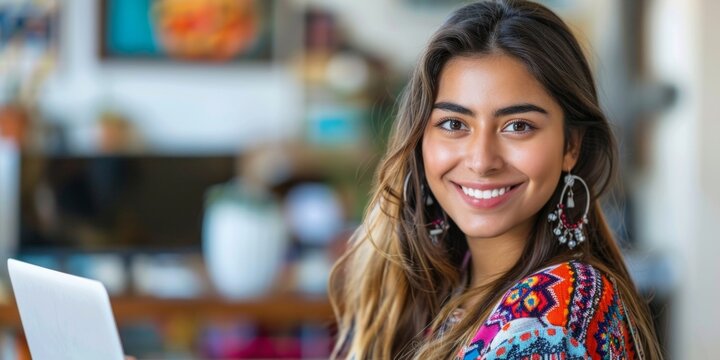 A woman with a joyful smile is busy working on her laptop, fully engaged in the task at hand.