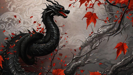 Decorative artistic background with black dragon and red leaves